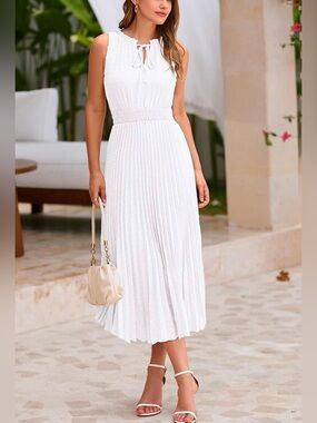 #69 Pretty Garden Sleeveless White Pleated Midi Dress with Tie Neck